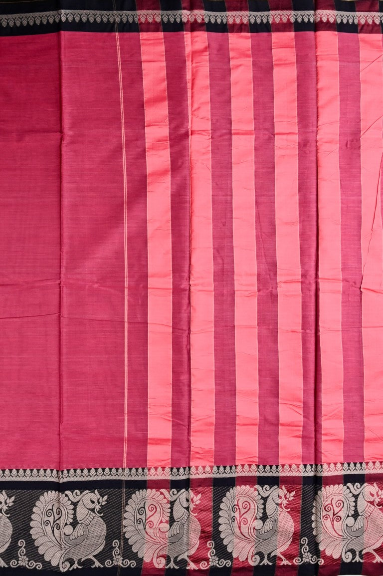 Narayanpet cotton saree peach and black color with big thread border, short pallu and plain blouse.