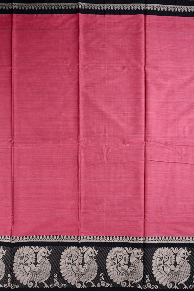 Narayanpet cotton saree peach and black color with big thread border, short pallu and plain blouse.
