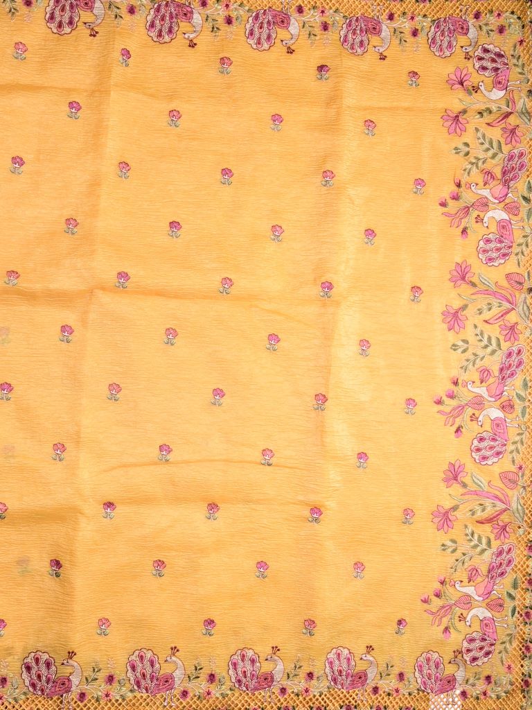 Organza crush fancy sarees golden yellow color allover floral motifs & embroidery border with running pallu and attached plain blouse