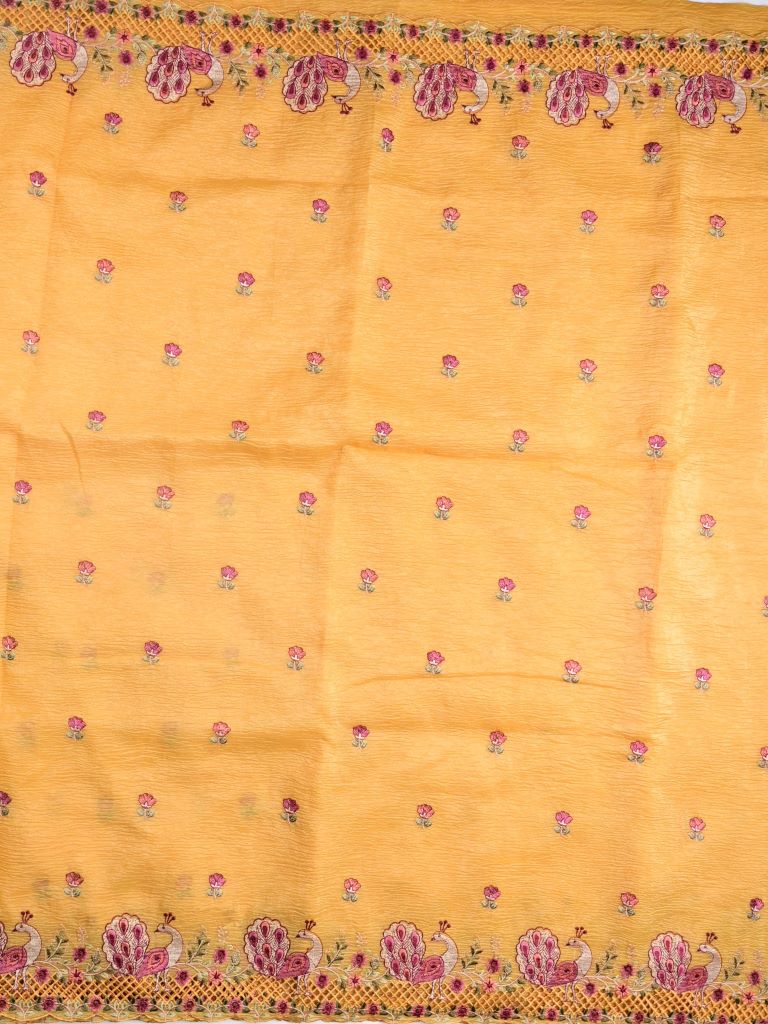Organza crush fancy sarees golden yellow color allover floral motifs & embroidery border with running pallu and attached plain blouse