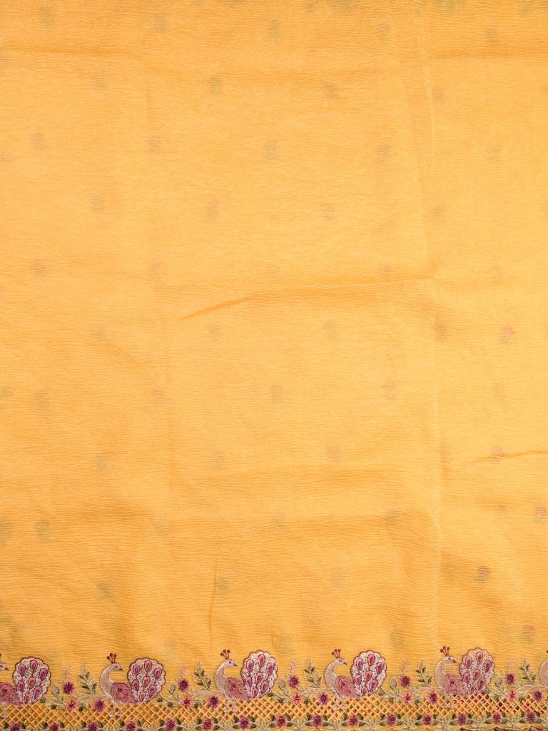 Organza crush fancy sarees golden yellow color allover floral motifs & embroidery border with running pallu and attached plain blouse