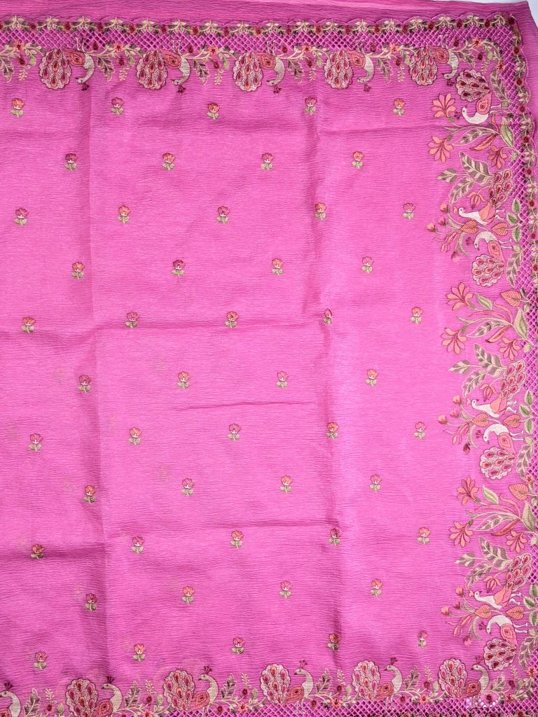 Organza crush fancy sarees onion pink color allover floral motifs & embroidery border with running pallu and attached plain blouse