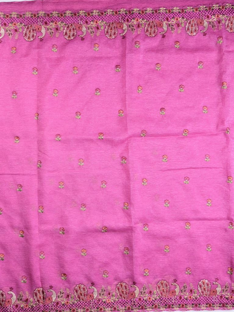 Organza crush fancy sarees onion pink color allover floral motifs & embroidery border with running pallu and attached plain blouse