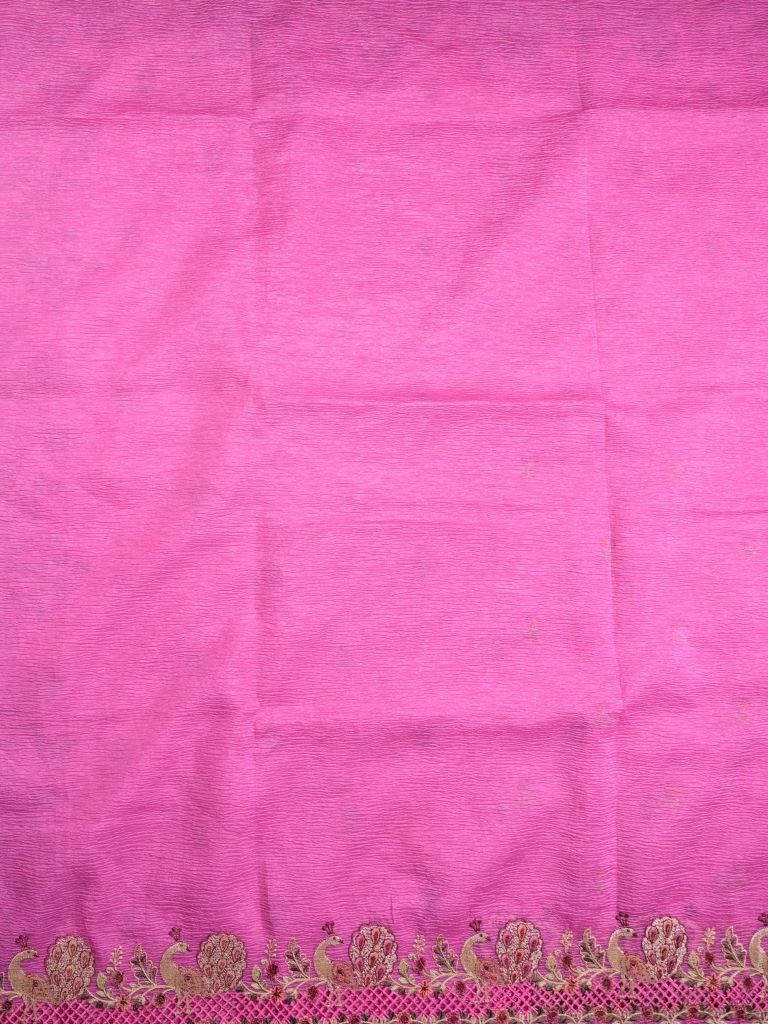 Organza crush fancy sarees onion pink color allover floral motifs & embroidery border with running pallu and attached plain blouse