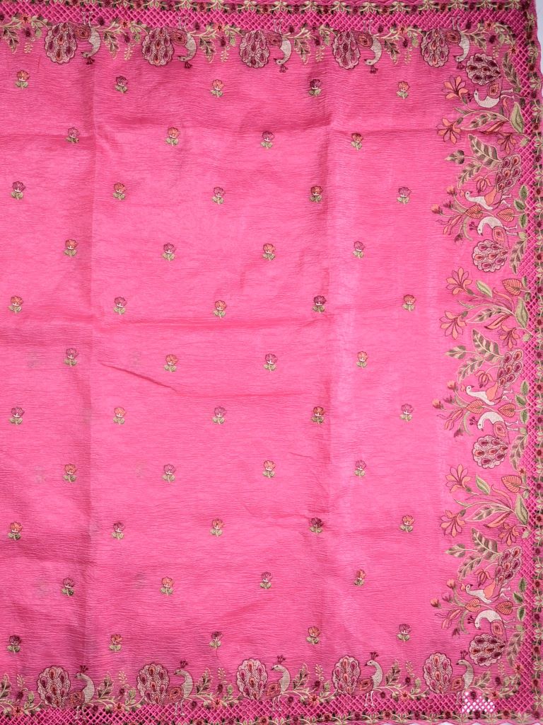 Organza crush fancy sarees rose pink color allover floral motifs & embroidery border with running pallu and attached plain blouse