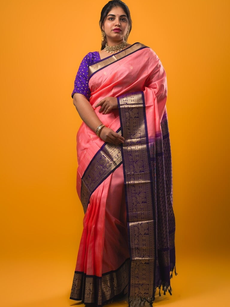 Pethambari pattu saree baby pink color allover zari motifs & kanchi border with rich pallu and attached plain blouse