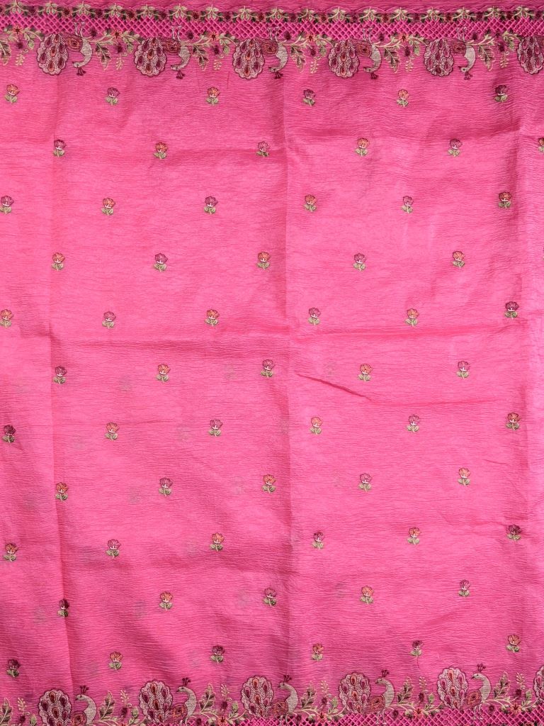 Organza crush fancy sarees rose pink color allover floral motifs & embroidery border with running pallu and attached plain blouse