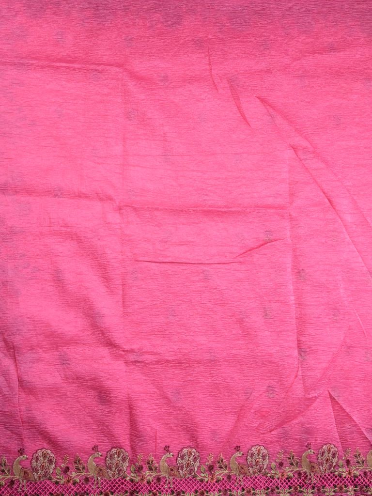 Organza crush fancy sarees rose pink color allover floral motifs & embroidery border with running pallu and attached plain blouse