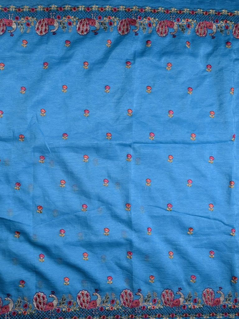 Organza crush fancy sarees sky blue color allover floral motifs & embroidery border with running pallu and attached plain blouse