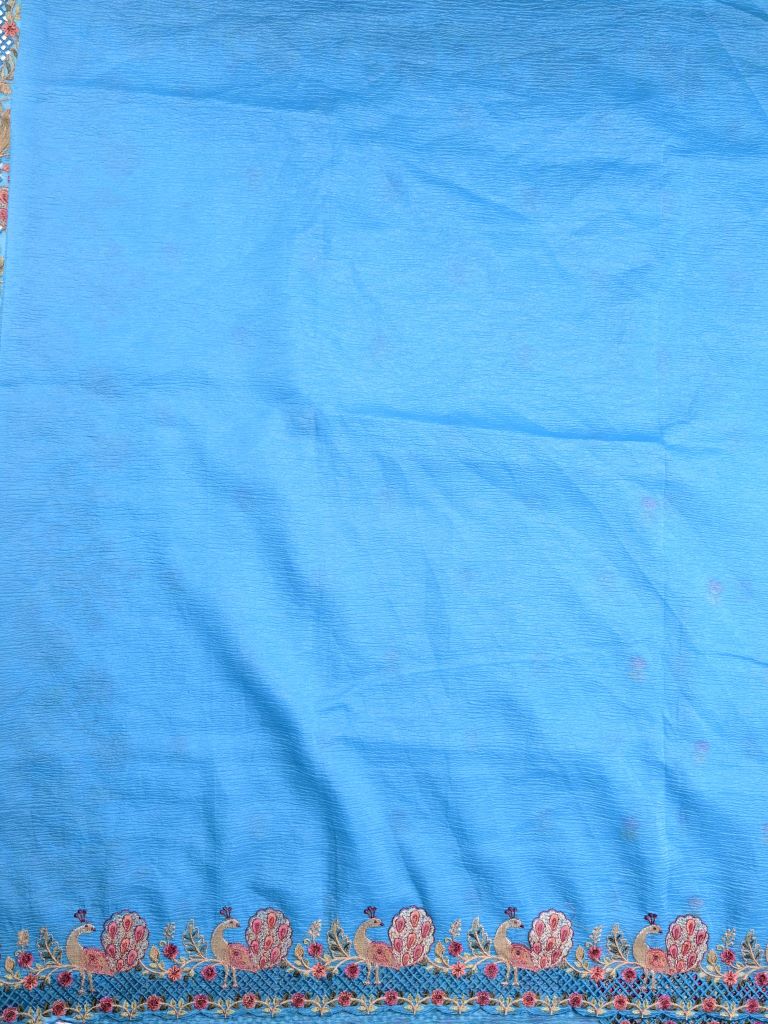 Organza crush fancy sarees sky blue color allover floral motifs & embroidery border with running pallu and attached plain blouse