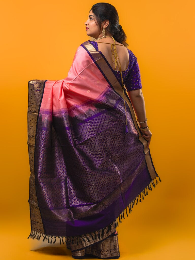 Pethambari pattu saree baby pink color allover zari motifs & kanchi border with rich pallu and attached plain blouse