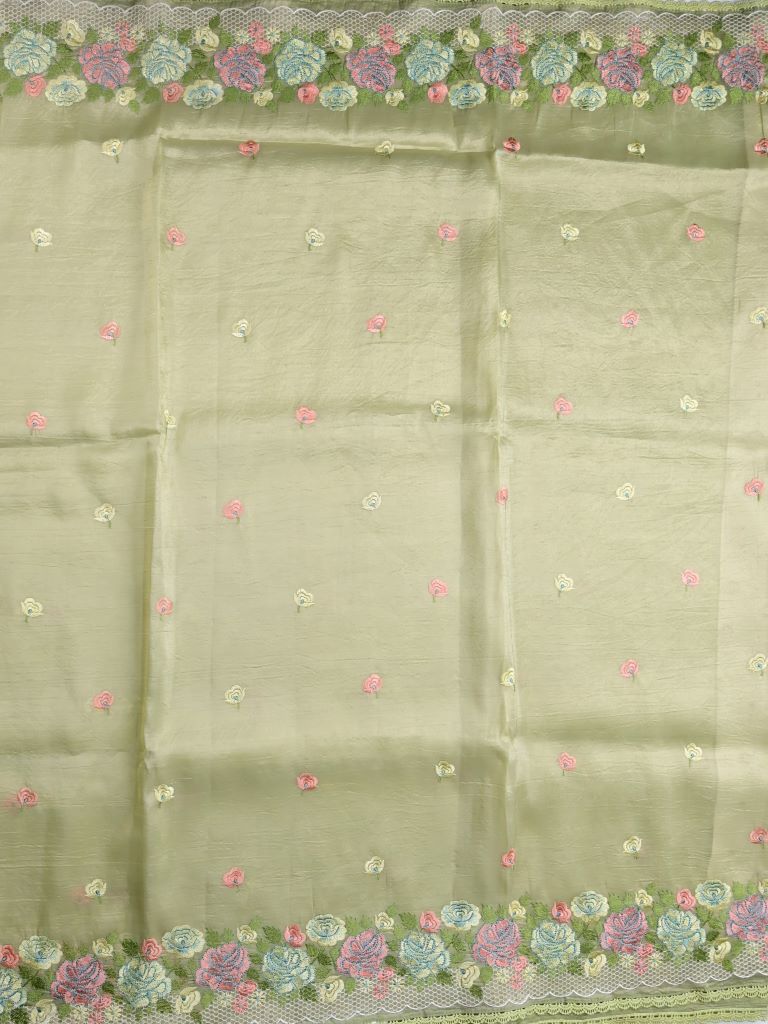 Soft organza fancy sarees light beige color allover floral motifs & embroidery border with running pallu and attached blouse