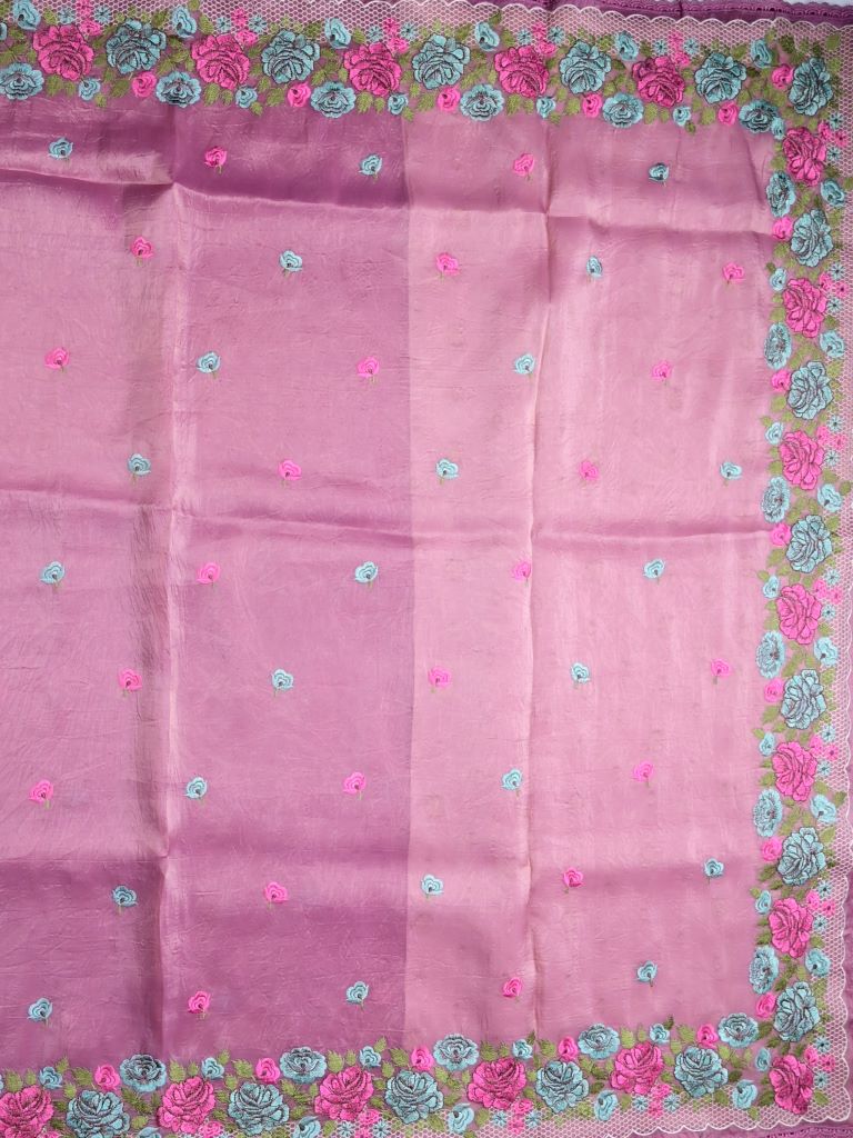 Soft organza fancy sarees onion pink color allover floral motifs & embroidery border with running pallu and attached blouse