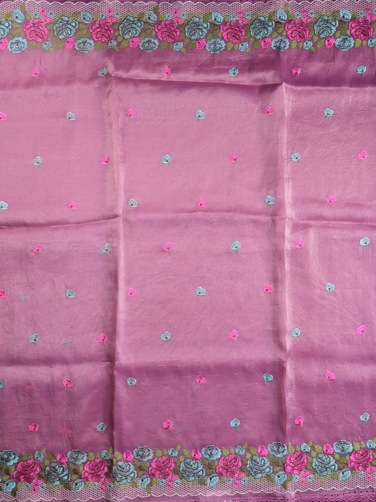 Soft organza fancy sarees onion pink color allover floral motifs & embroidery border with running pallu and attached blouse