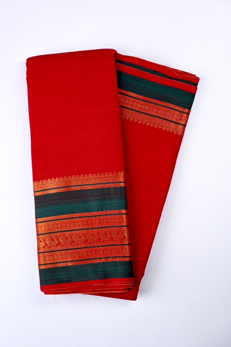 Narayanpet cotton saree red color with contrast big zari border, short pallu and plain blouse.