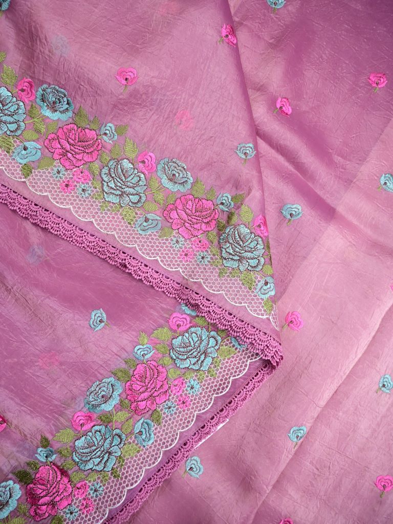 Soft organza fancy sarees onion pink color allover floral motifs & embroidery border with running pallu and attached blouse