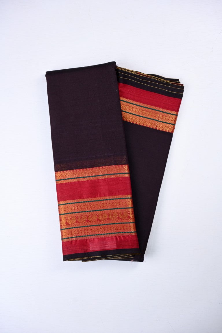 Narayanpet cotton saree dark brown color with contrast big zari border, short pallu and plain blouse.