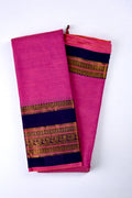 Narayanpet cotton saree pink color with contrast big zari border, short pallu and plain blouse.