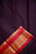 Narayanpet cotton saree dark brown color with contrast big zari border, short pallu and plain blouse.
