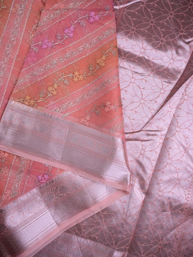 Organza fancy saree baby pink color allover embroidery & zari border with short zari pallu and attached plain blouse