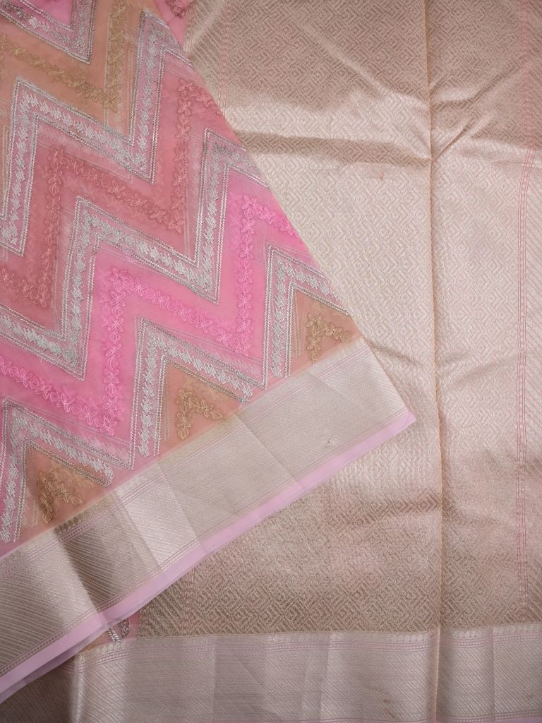 Organza fancy saree baby pink color allover embroidery & zari border with short zari pallu and attached plain blouse