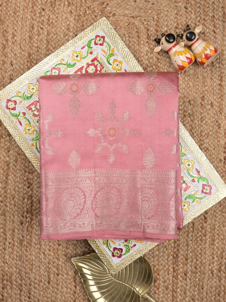 Raw mango pattu saree onion pink color allover zari weaves & zari border with rich pallu and attached plain blouse