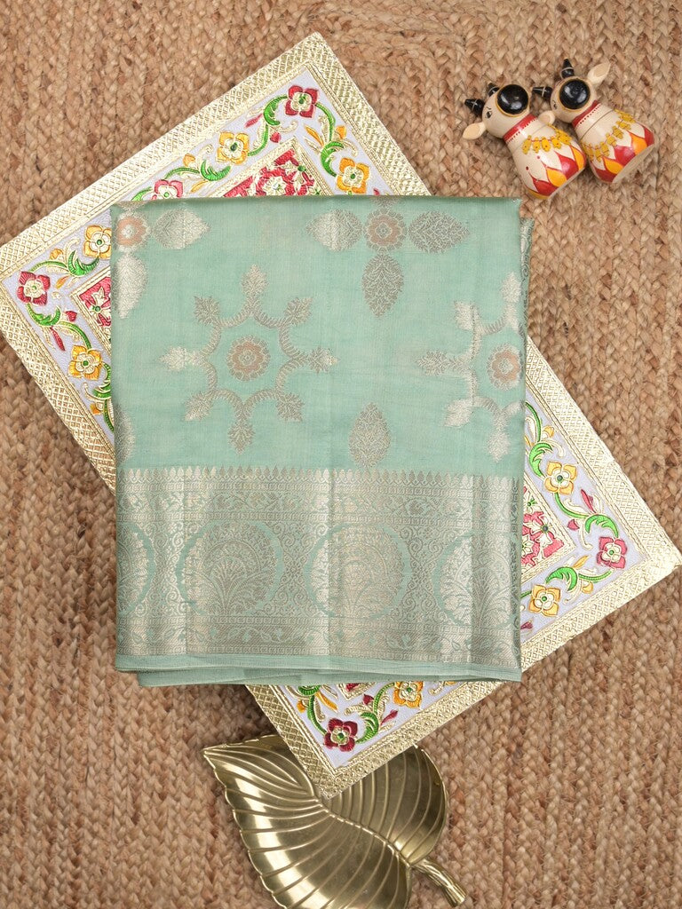 Raw mango pattu saree lux green color allover zari weaves & zari border with rich pallu and attached plain blouse