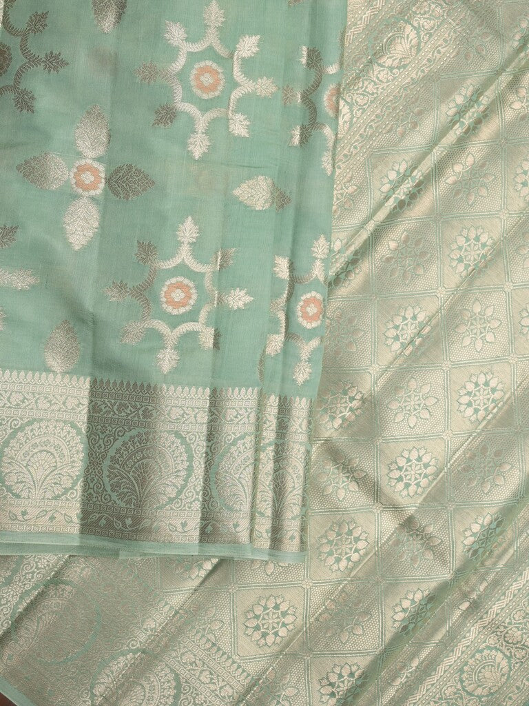 Raw mango pattu saree lux green color allover zari weaves & zari border with rich pallu and attached plain blouse