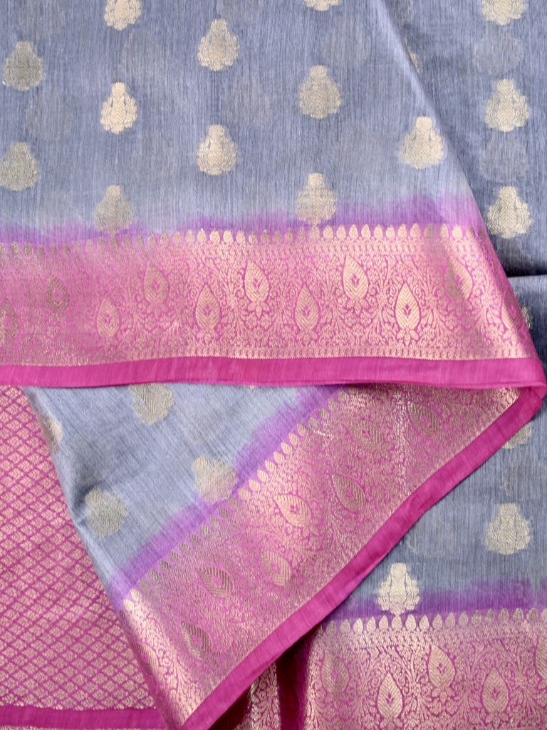 Pure tussar fancy saree grey color allover zari motifs & zari border with rich pallu and brocade blouse