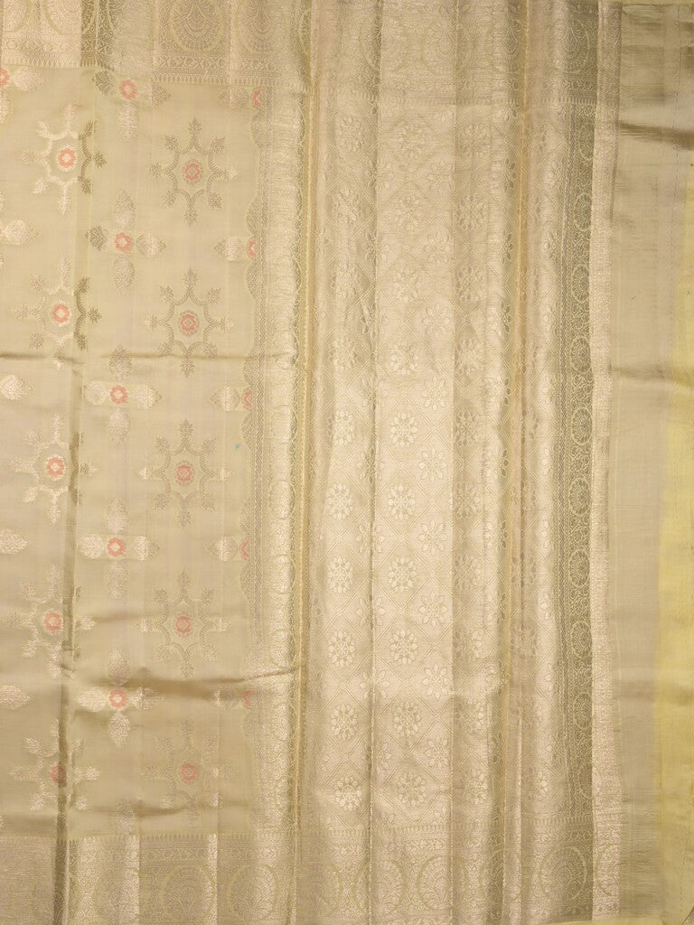 Raw mango pattu saree light yellow color allover zari weaves & zari border with rich pallu and attached plain blouse