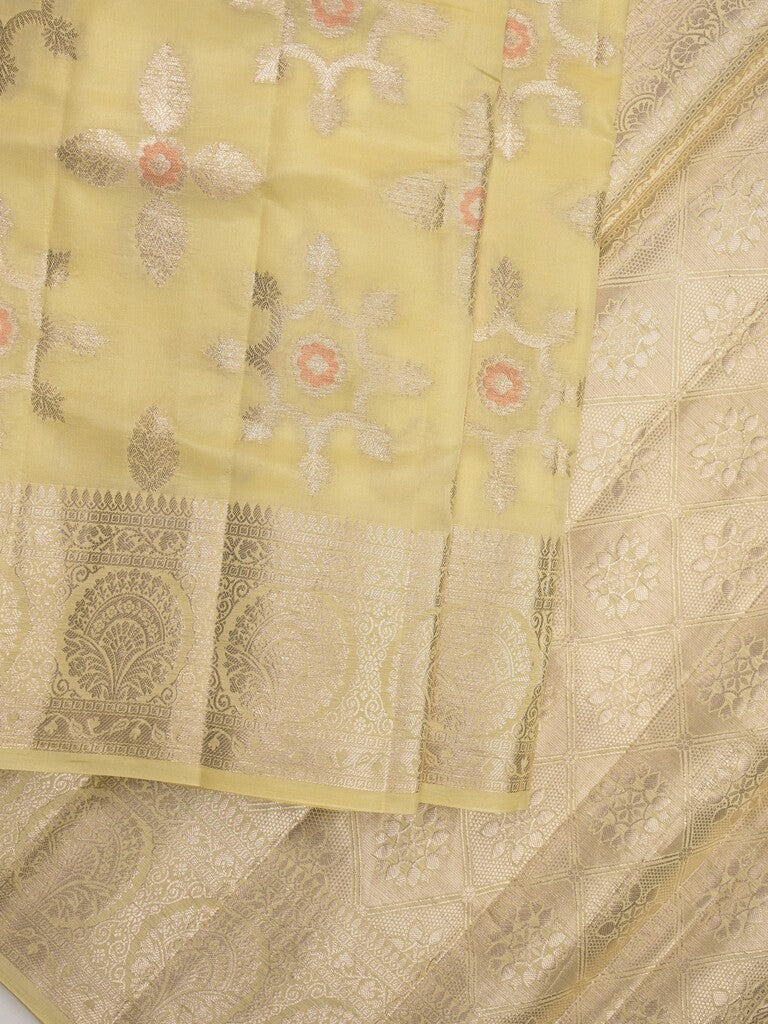 Raw mango pattu saree light yellow color allover zari weaves & zari border with rich pallu and attached plain blouse