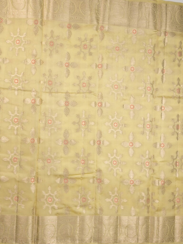 Raw mango pattu saree light yellow color allover zari weaves & zari border with rich pallu and attached plain blouse