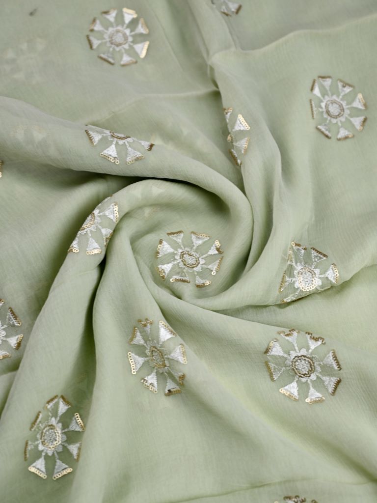 Chiffon fancy saree pista green color allover sequence & fancy border with running pallu and attached blouse