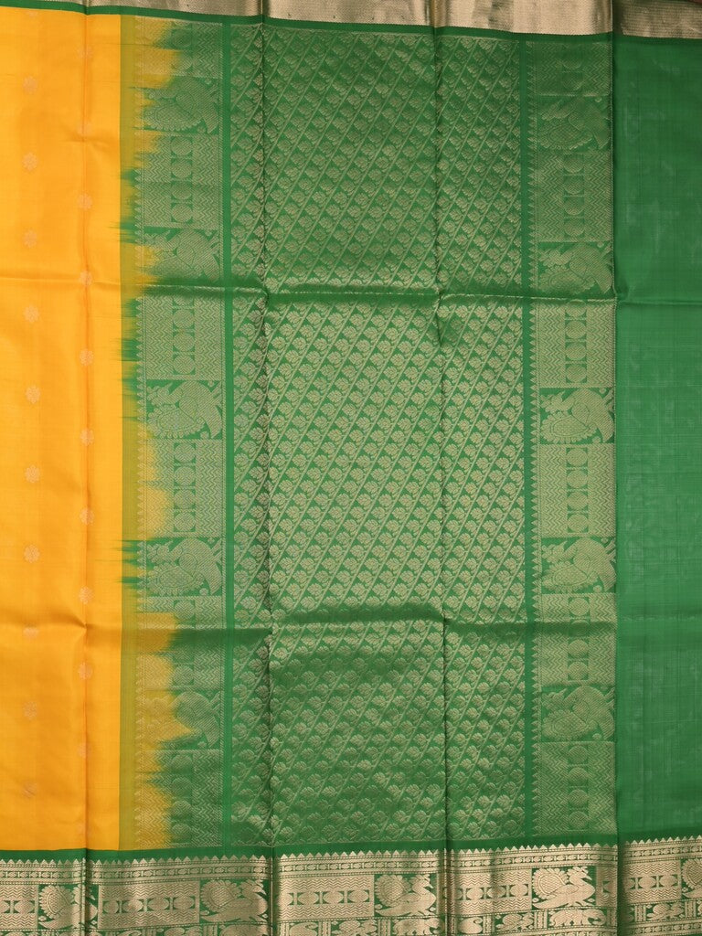 Pethambari pattu saree golden yellow color allover zari motifs & kanchi border with rich pallu and attached plain blouse