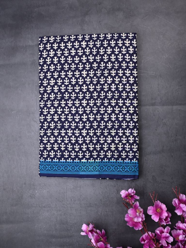 Cotton printed saree navy blue color allover prints & small border with printed pallu and printed blouse