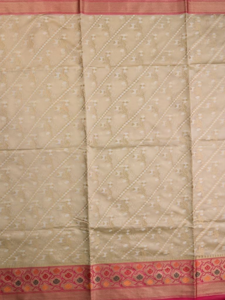 Chiniya silk fancy saree cream color allover zari weaves & zari border with rich pallu and contrast attached blouse