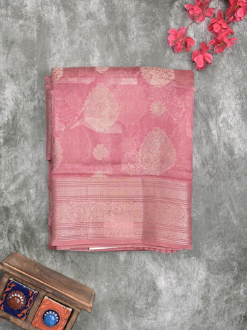 Maheshwari fancy saree light pink color allover zari motifs & zari border with brocade pallu and attached plain blouse