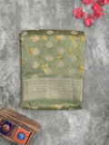 Maheshwari fancy saree olive green color allover zari motifs & zari border with brocade pallu and attached plain blouse