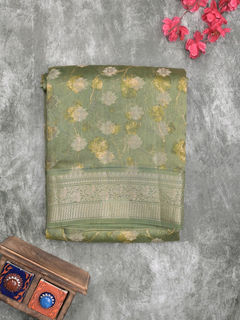 Maheshwari fancy saree olive green color allover zari motifs & zari border with brocade pallu and attached plain blouse