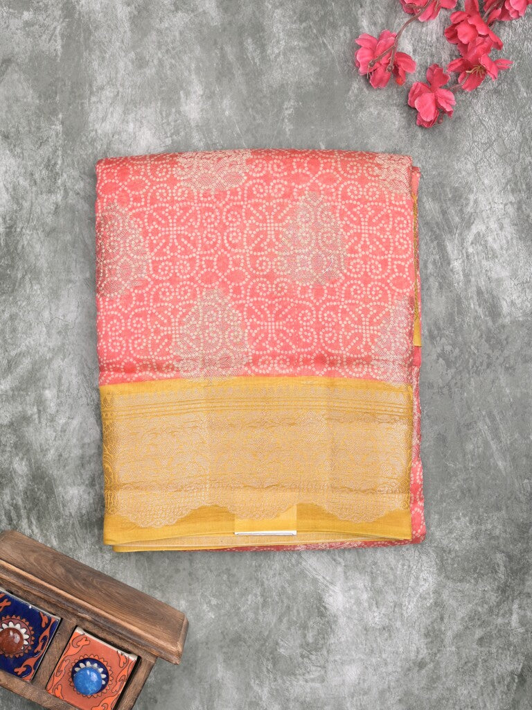 Maheshwari fancy saree baby pink color allover zari motifs & zari border with brocade pallu and attached plain blouse