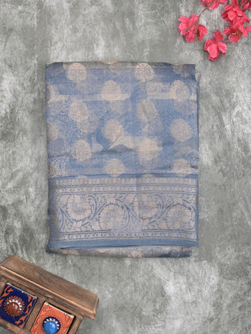 Maheshwari fancy saree light blue color allover zari motifs & zari border with brocade pallu and attached plain blouse