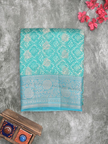 Maheshwari fancy saree sky blue color allover zari motifs & zari border with brocade pallu and attached plain blouse