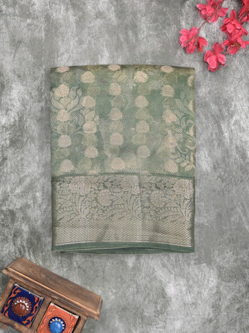 Maheshwari fancy saree grey color allover zari motifs & zari border with brocade pallu and attached plain blouse