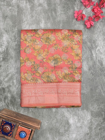 Maheshwari fancy saree light pink color allover zari motifs & zari border with brocade pallu and attached plain blouse