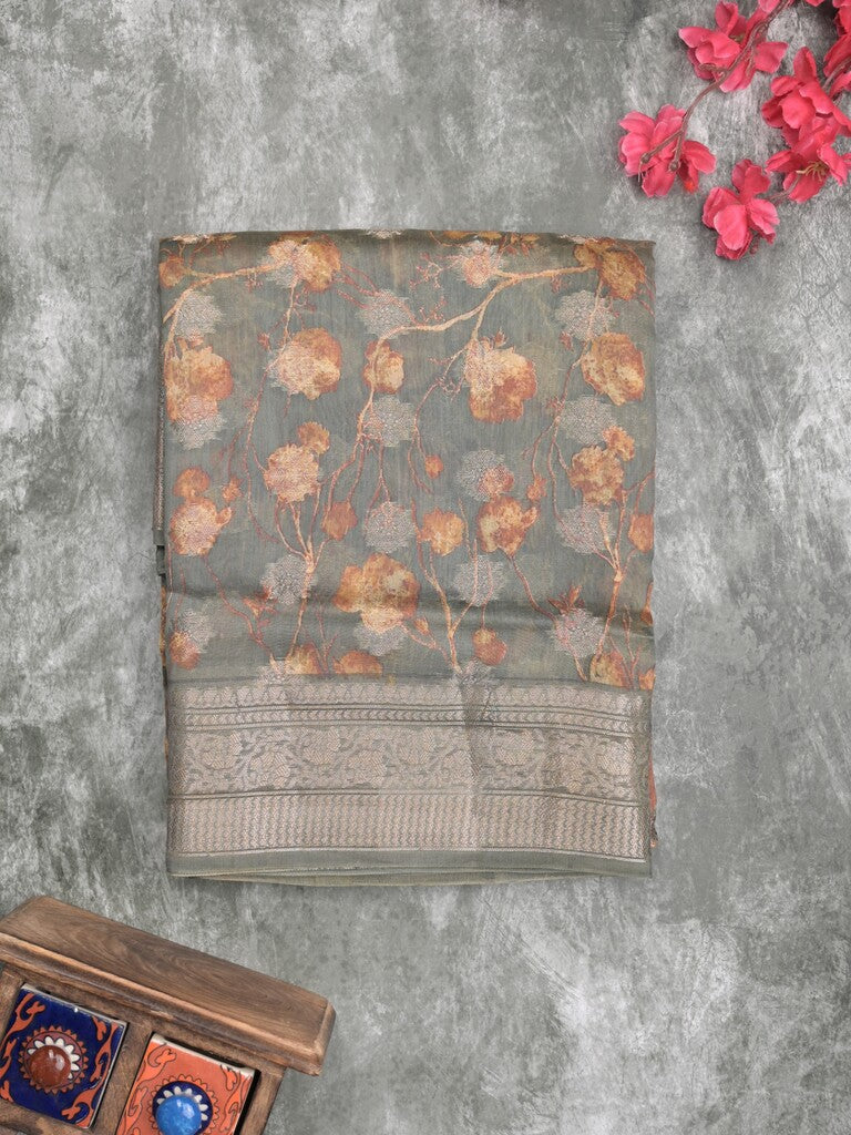 Maheshwari fancy saree grey color allover zari motifs & zari border with brocade pallu and attached plain blouse