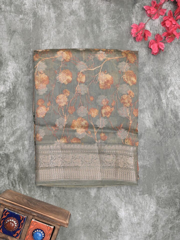 Maheshwari fancy saree grey color allover zari motifs & zari border with brocade pallu and attached plain blouse