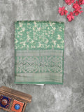 Maheshwari fancy saree lux green color allover zari motifs & zari border with brocade pallu and attached plain blouse