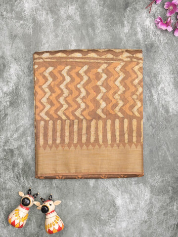 Maheshwari fancy saree beige color allover prints & zari border with short pallu and attached printed blouse