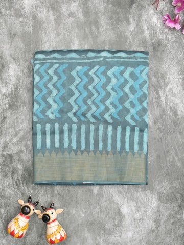 Maheshwari fancy saree sky blue color allover prints & zari border with short pallu and attached printed blouse