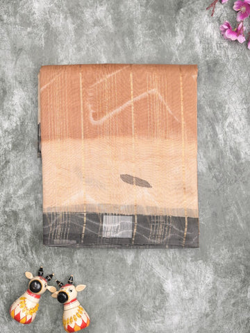 Maheshwari fancy saree light brown color allover prints & zari border with short pallu and attached printed blouse
